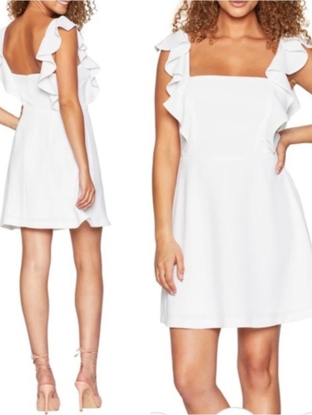BCBG White Ruffle Strap Square Neck Mini Dress